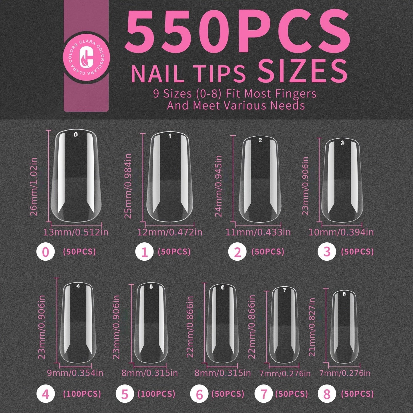 Clara Colors Nail Tips and Glue Gel Kit, 550Pcs Full Cover Soft Gel Fake Nails Tips and Nail Glue Kit with LED Nail Lamp, Medium Square Artificial False Nails Tips for Acrylic Nail Good Vibrations