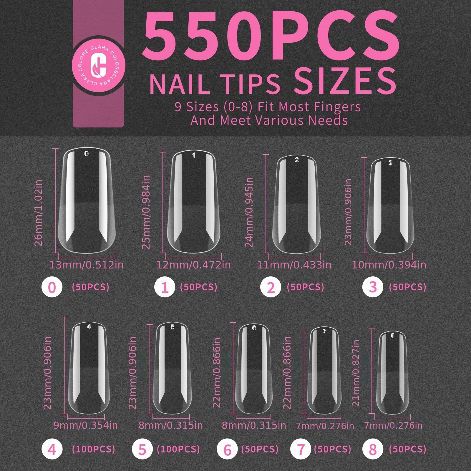 Clara Colors Nail Tips and Glue Gel Kit, 550Pcs Full Cover Soft Gel Fake Nails Tips and Nail Glue Kit with LED Nail Lamp, Medium Square Artificial False Nails Tips for Acrylic Nail Good Vibrations