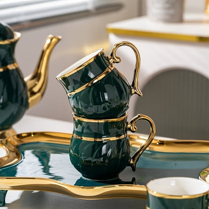 14-Pieces Luxurious Porcelain Teapot Set - Includes Ceramic Coffee Cups, Teacups, Golden Spoon, Tea Party Tray Holder, and Gift Sets for Elegant Entertaining Good Vibrations
