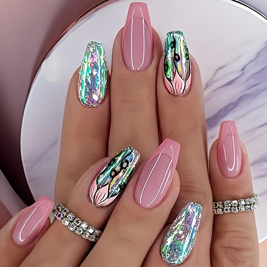 24pcs Sweet Sparkle Vine Spring/Summer Press-On Nails, Long French Ballet Nail Tips, Removable Glitter Pink Artificial Nail Patch with Mixed Colors and Glossy Finish, Nail Art Stickers Good Vibrations