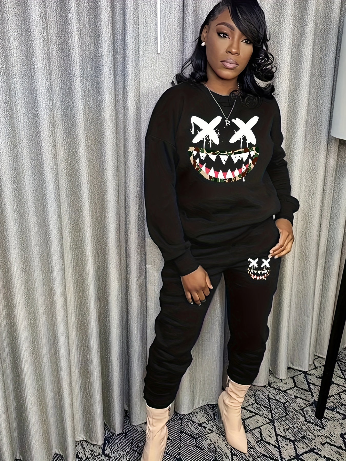 two-piece Women's Cartoon Print Sweatshirt and Pocket Pants Outfit - Comfortable and Stylish Clothing Set Good Vibrations