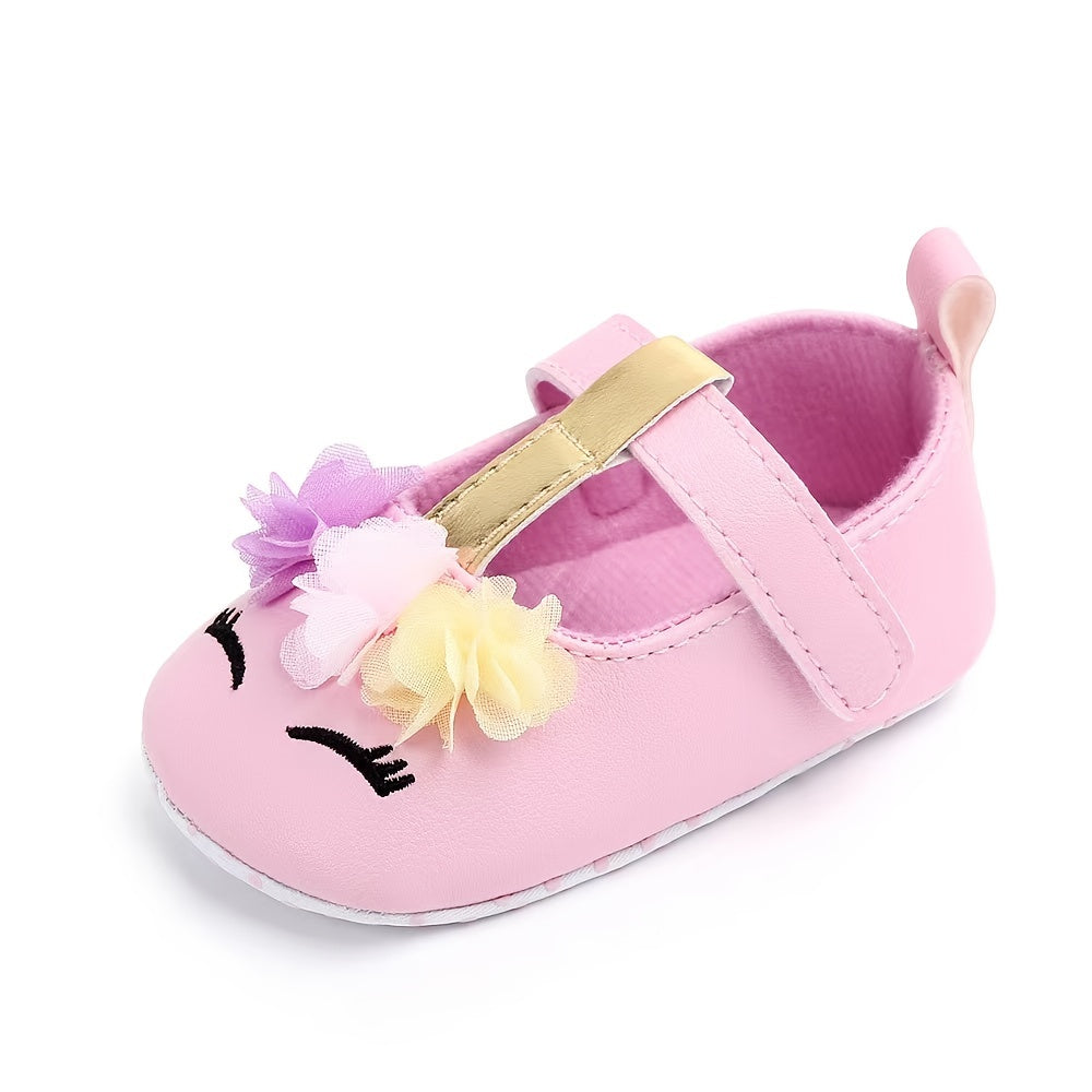 Adorable Baby Girls Cartoon Unicorn Crib Shoes - Flexible Fabric Sole, Hook-and-Loop Fastener, Mesh Flower Embellishment, Breathable for Spring and Autumn Walking Good Vibrations