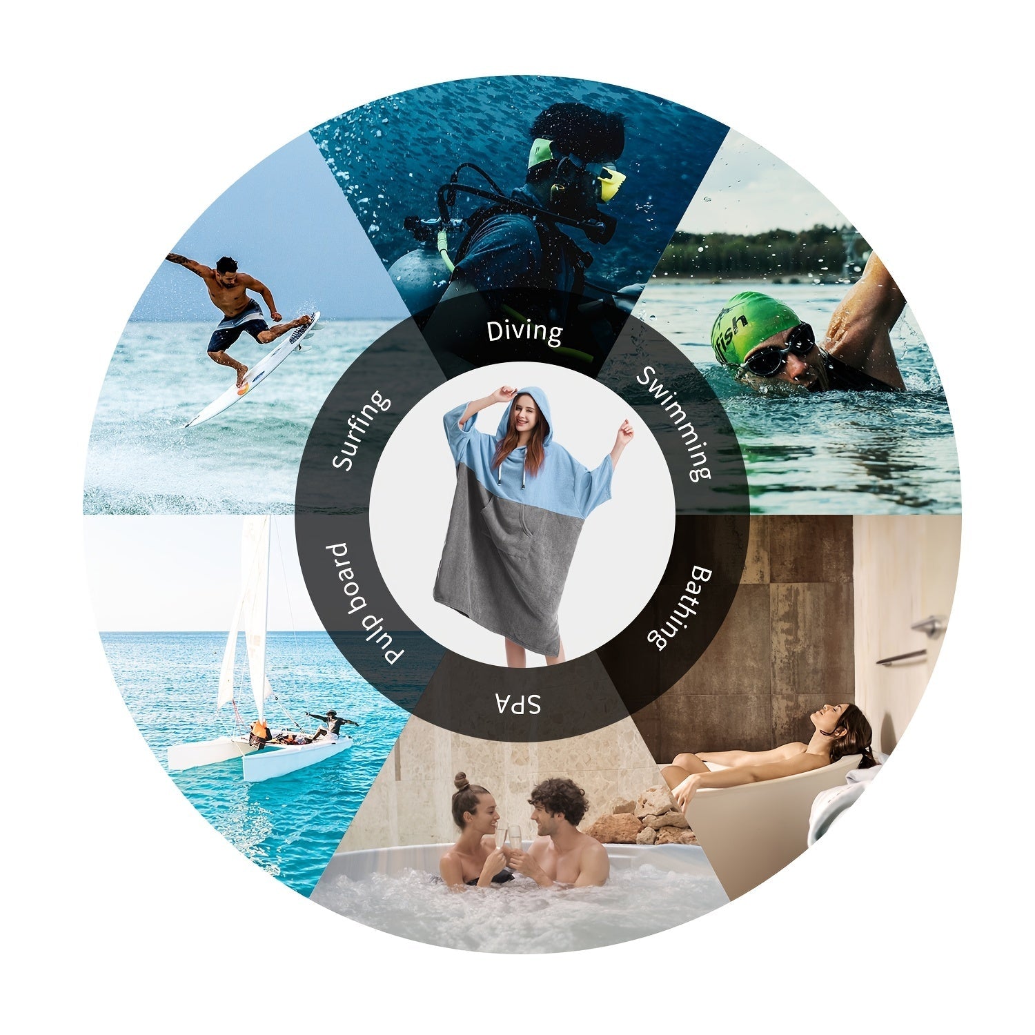 Mutao Quick-Dry Hooded Changing Robe - Cozy Terry Towel Poncho with Front Pocket, Windproof & Perfect for Beach, Surfing, Diving, Swimming - One Size Fits All, Machine Washable Good Vibrations