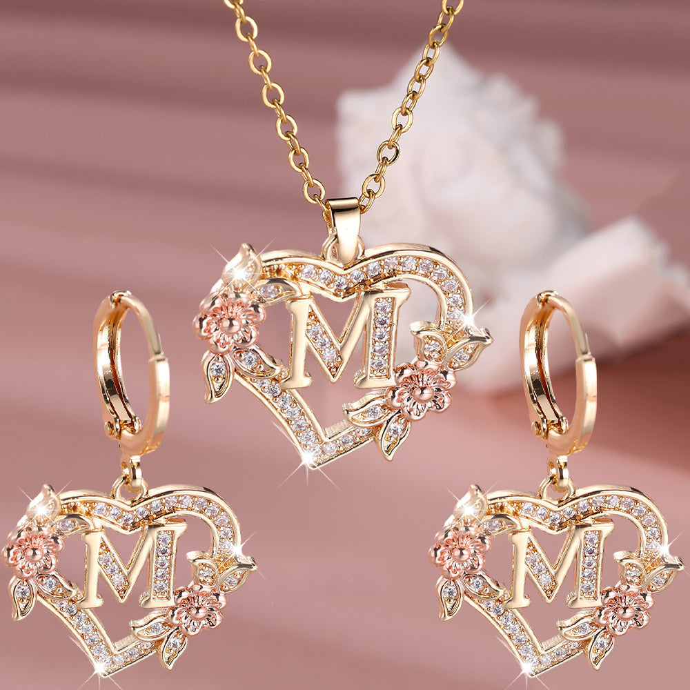 3pcs Women's Jewelry Set - Heart-Shaped Interlocking Link Necklace & Earrings with 26-Letter Monogram, Elegant Golden-Tone -Accented Letters, Dainty Everyday Gift for Mother's Day, Graduation, Birthdays (Pink & Clear Good Vibrations