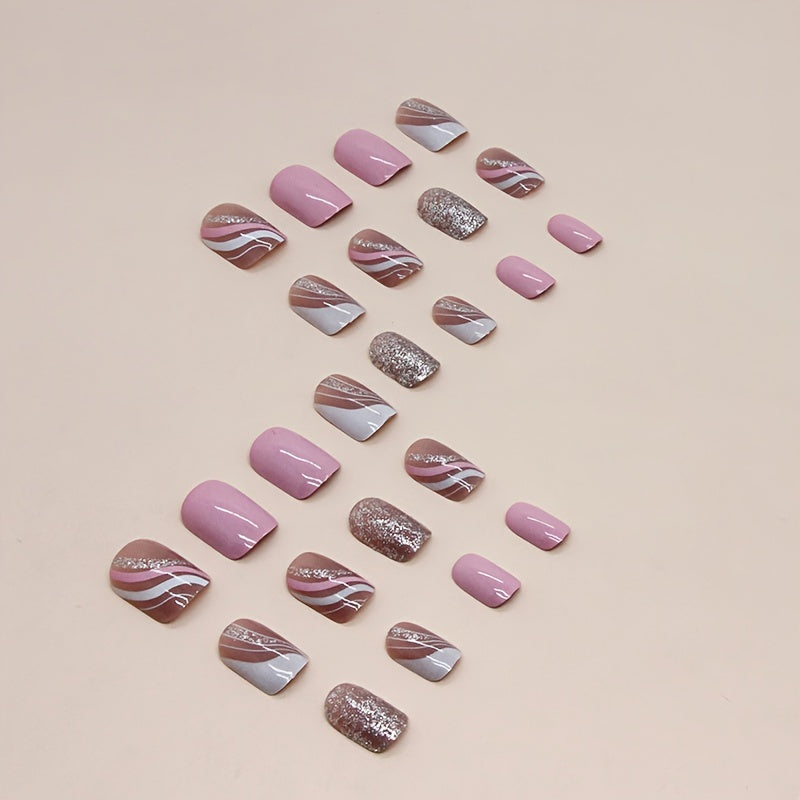 24-Piece Pink French Stripe Nail Tips Set - Short Square Glossy False Nails with Stripe, Colorblock, and Glitter Accents for Elegant Look Good Vibrations