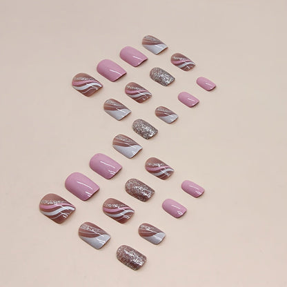 24-Piece Pink French Stripe Nail Tips Set - Short Square Glossy False Nails with Stripe, Colorblock, and Glitter Accents for Elegant Look Good Vibrations