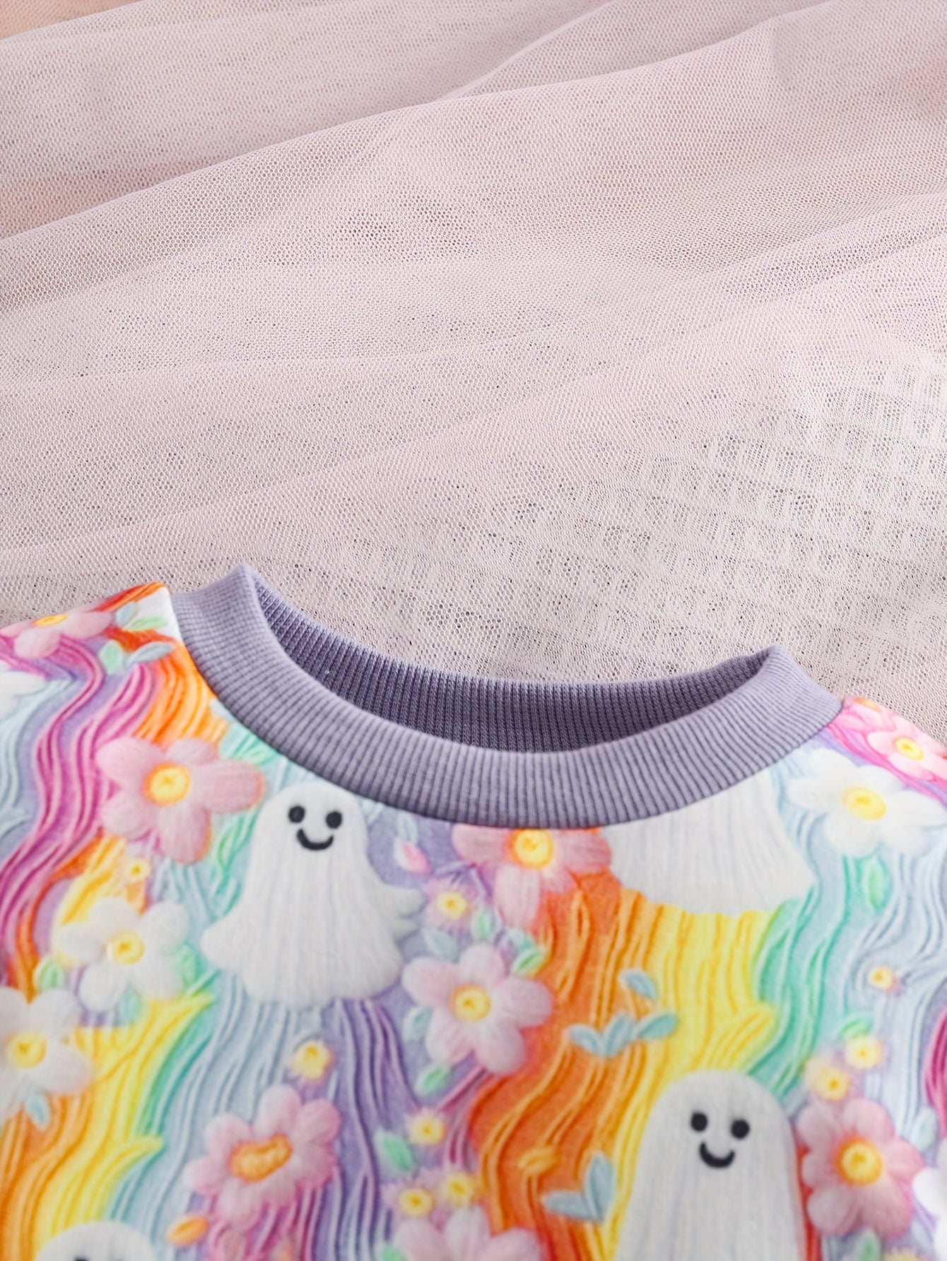 2pcs Baby's Halloween Style Ghost Pattern Rainbow Color Sweatshirt + Casual Pants, Toddler & Infant Girl's Clothing Set Good Vibrations