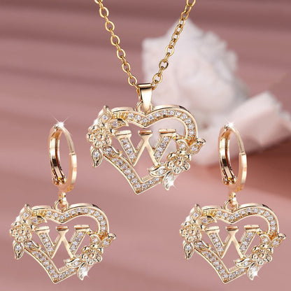 3pcs Women's Jewelry Set - Heart-Shaped Interlocking Link Necklace & Earrings with 26-Letter Monogram, Elegant Golden-Tone -Accented Letters, Dainty Everyday Gift for Mother's Day, Graduation, Birthdays (Pink & Clear Good Vibrations