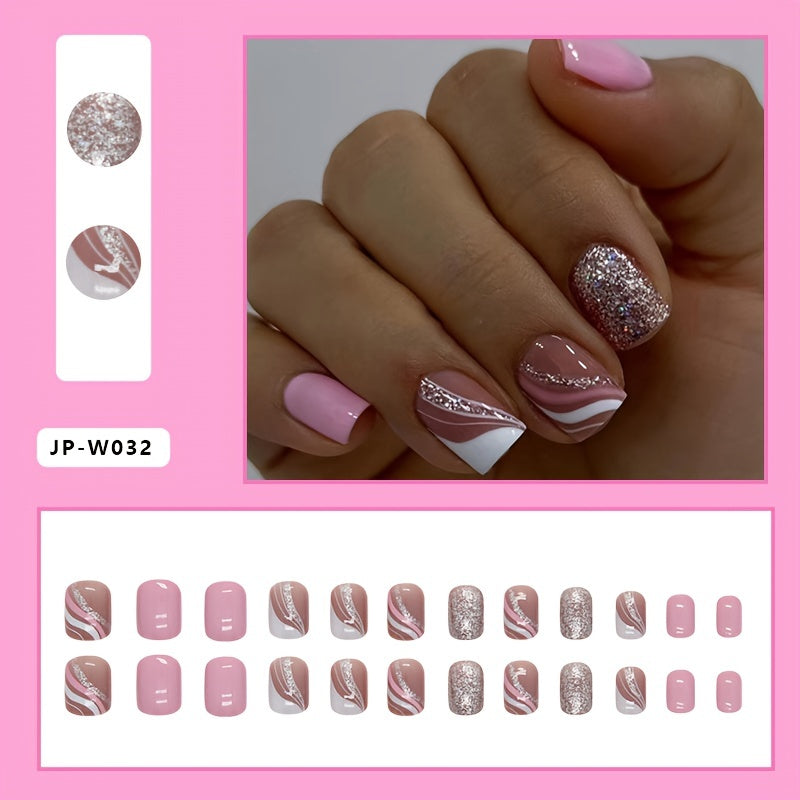 24-Piece Pink French Stripe Nail Tips Set - Short Square Glossy False Nails with Stripe, Colorblock, and Glitter Accents for Elegant Look Good Vibrations