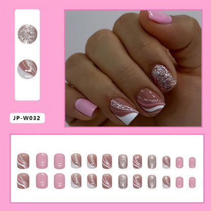 24-Piece Pink French Stripe Nail Tips Set - Short Square Glossy False Nails with Stripe, Colorblock, and Glitter Accents for Elegant Look Good Vibrations