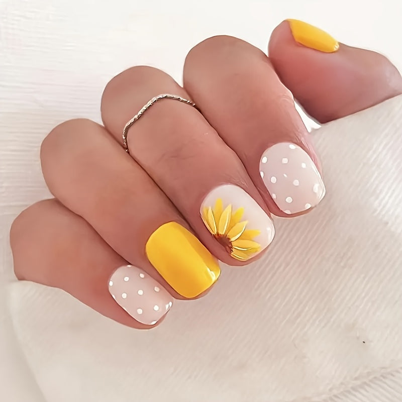 24-Piece Set Of Removable Nail Tips, Short Shape, Round And Square, Floral And Dot Patterns, Glitter Finish, With Nail File And Cuticle Pusher Good Vibrations