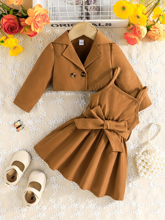 2pcs Baby's Trendy Solid Color Blazer + Belted Sundress, Toddler & Infant Girl's Clothing Set For Spring Fall, Outdoor Cloth Good Vibrations