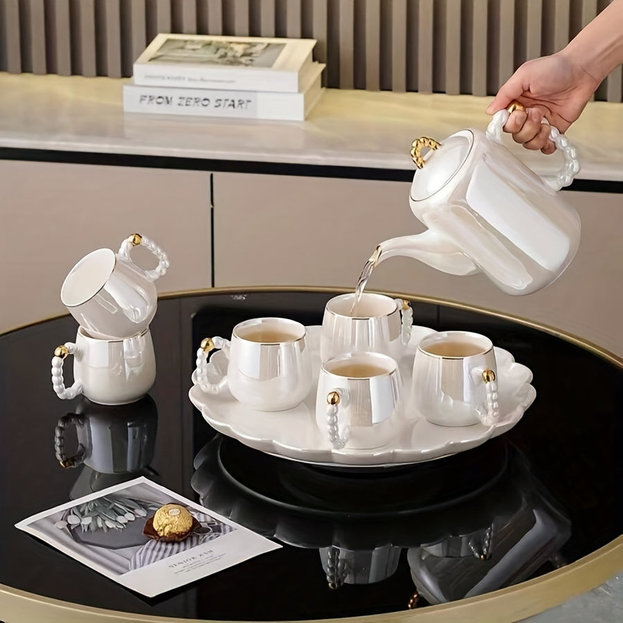Elegant European Pearl Glazed Porcelain Tea Set - Perfect for Daily Life: Includes Pearl White Porcelain Teapot, Sugar Milk Oil Teapot, and 6 Exquisite Tea Cups. Suitable for Christmas and Thanksgiving Holidays. Good Vibrations