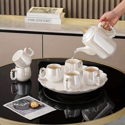 Elegant European Pearl Glazed Porcelain Tea Set - Perfect for Daily Life: Includes Pearl White Porcelain Teapot, Sugar Milk Oil Teapot, and 6 Exquisite Tea Cups. Suitable for Christmas and Thanksgiving Holidays. Good Vibrations