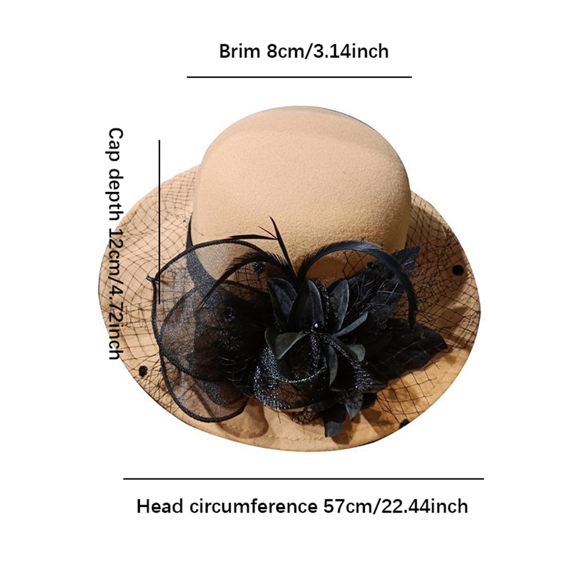 Women's Wide Brim Fedora Hat with Black Lace Veil & Floral Decor - Non- Derby Cap for Church, Bridal Tea Party, Formal Events Good Vibrations