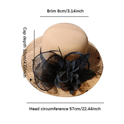 Women's Wide Brim Fedora Hat with Black Lace Veil & Floral Decor - Non- Derby Cap for Church, Bridal Tea Party, Formal Events Good Vibrations