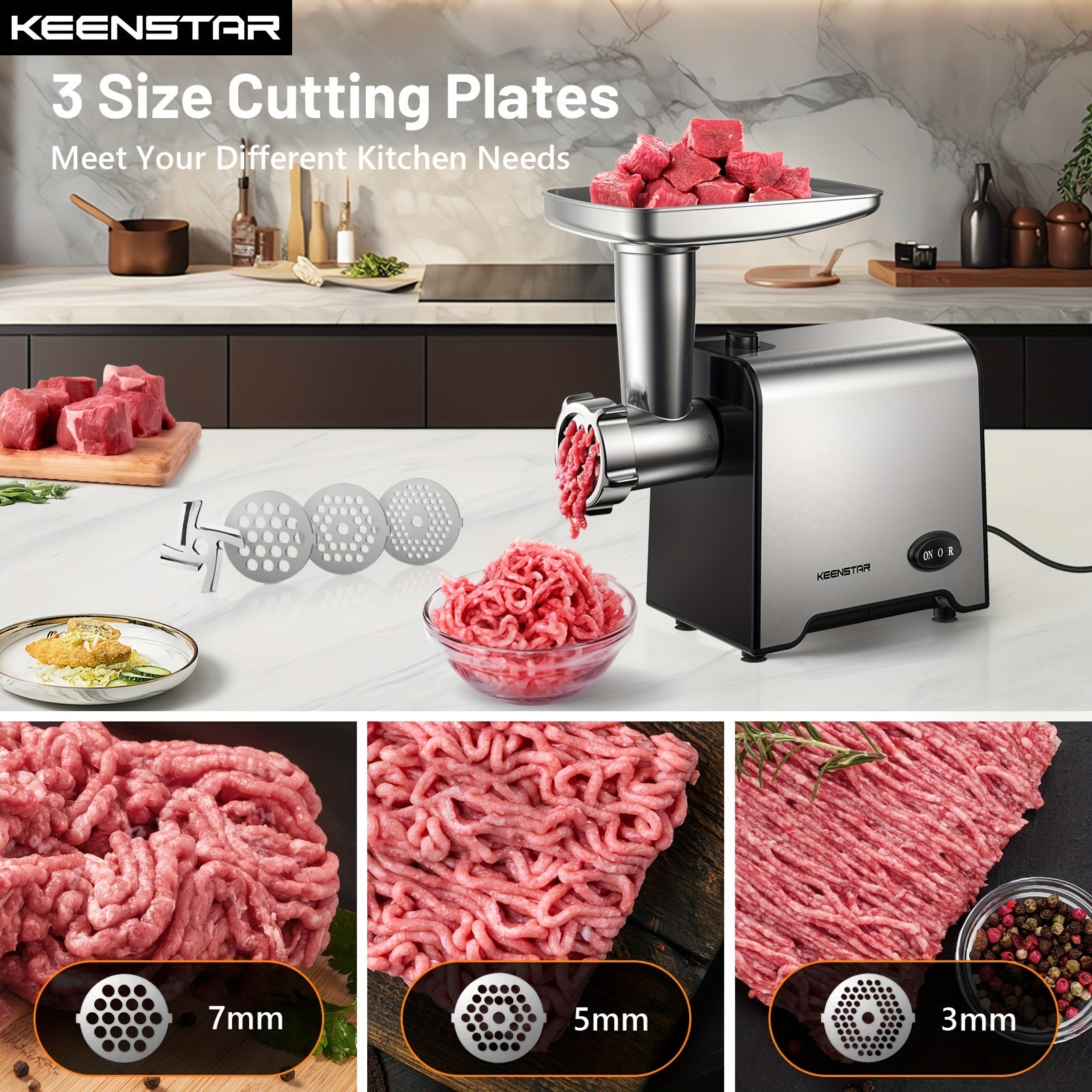 KEENSTAR Electric Meat Grinder, Sausage Stuffer Maker 450W(3000W Max) Food Grinder With Blade & 3 Plates, Sausage Stuffer Tubes & Kubbe Kit, Stainless Steel Heavy Duty Meat Mincer Machine For Home Kitchen Use Good Vibrations