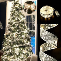 78.74/196.85/393.7inch Golden And Silver Christmas Ribbon Fairy Lights, With Ribbon Bows And Butterfly Decorations, For Garden Home, Living Room, Halloween, Christmas, Wedding Decoration, Christmas Tree Decoration, Novel Ligh Good Vibrations