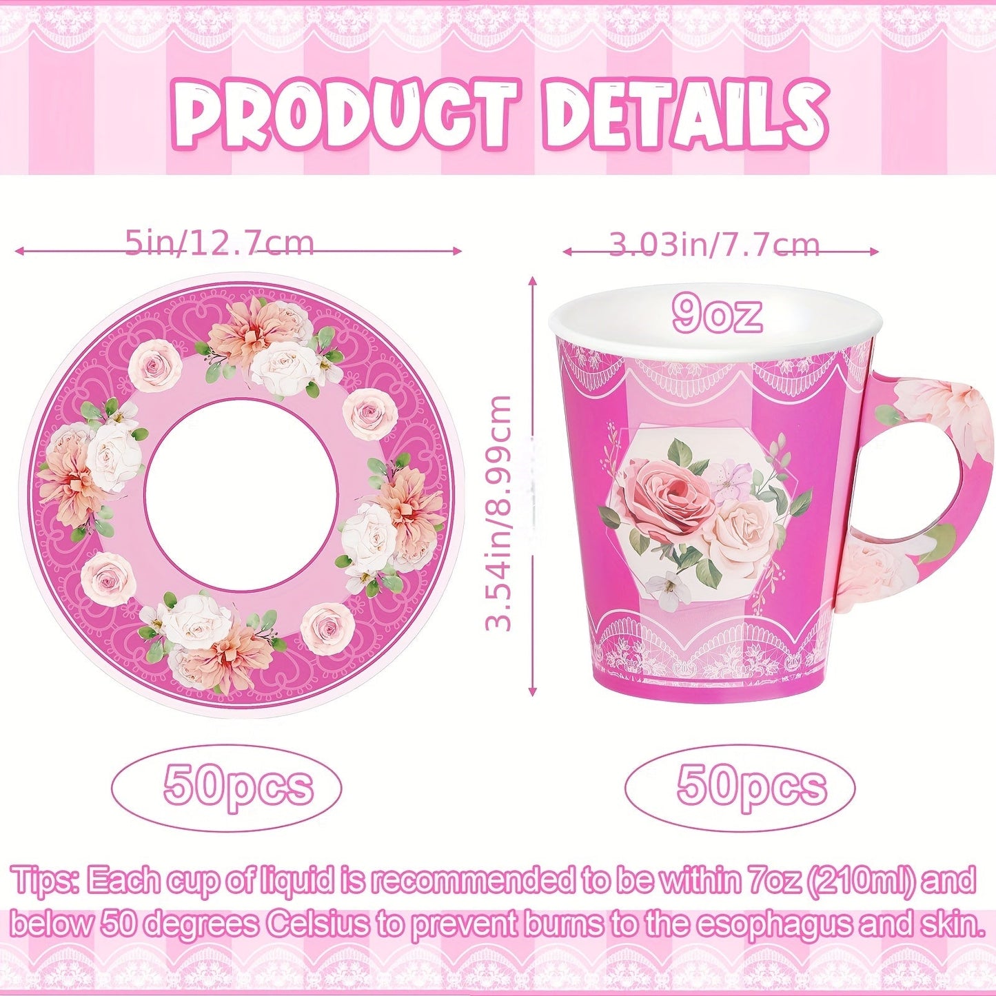 100pcs Disposable Tea Party Cup And Plates Floral Paper Teacups With Handle And Saucer Set For Wedding Birthday Princess Blossom Party Shower Decoration Good Vibrations