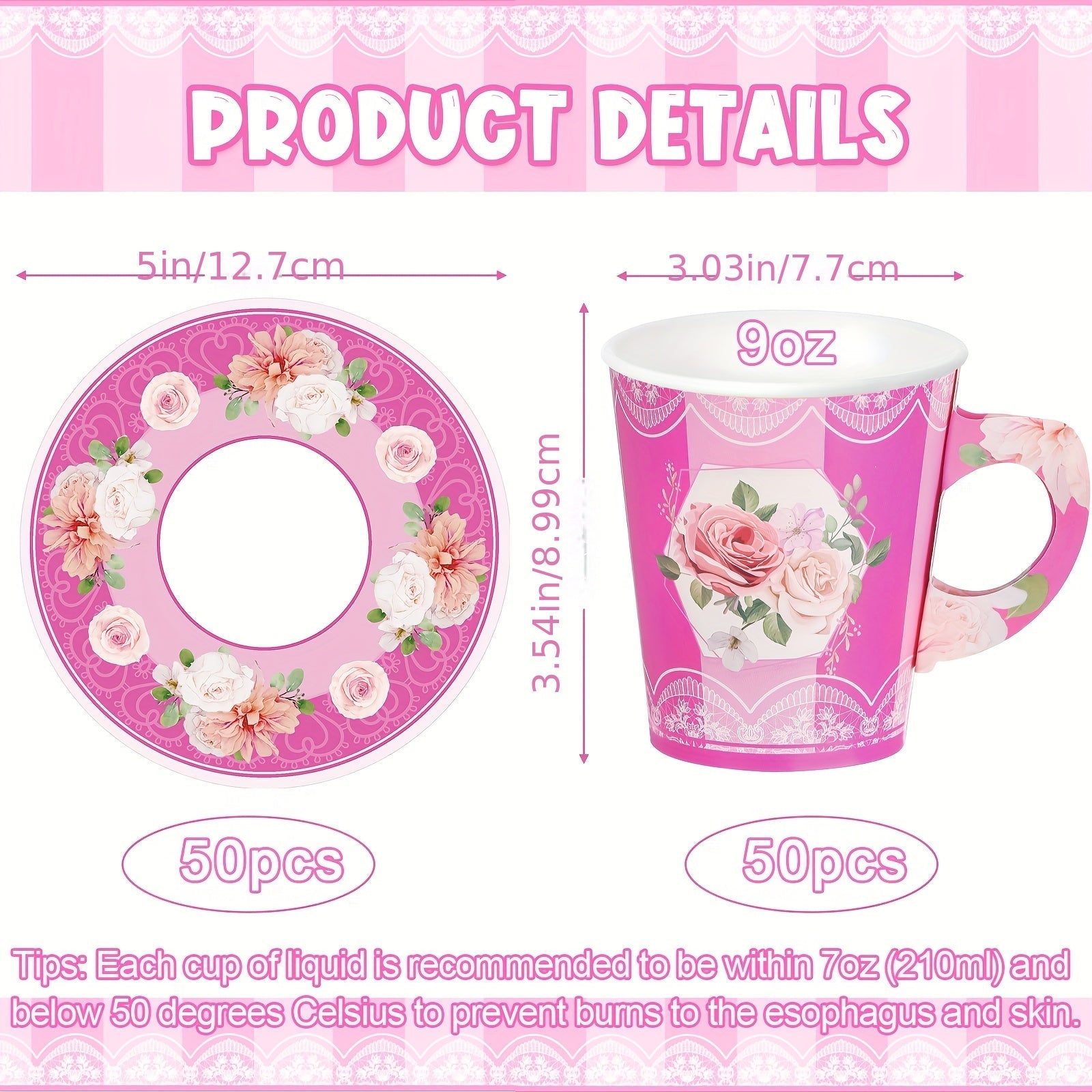 100pcs Disposable Tea Party Cup And Plates Floral Paper Teacups With Handle And Saucer Set For Wedding Birthday Princess Blossom Party Shower Decoration Good Vibrations