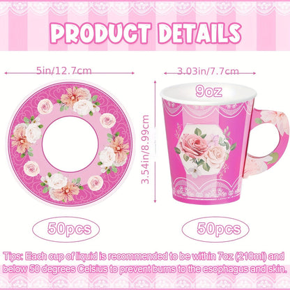 100pcs Disposable Tea Party Cup And Plates Floral Paper Teacups With Handle And Saucer Set For Wedding Birthday Princess Blossom Party Shower Decoration Good Vibrations