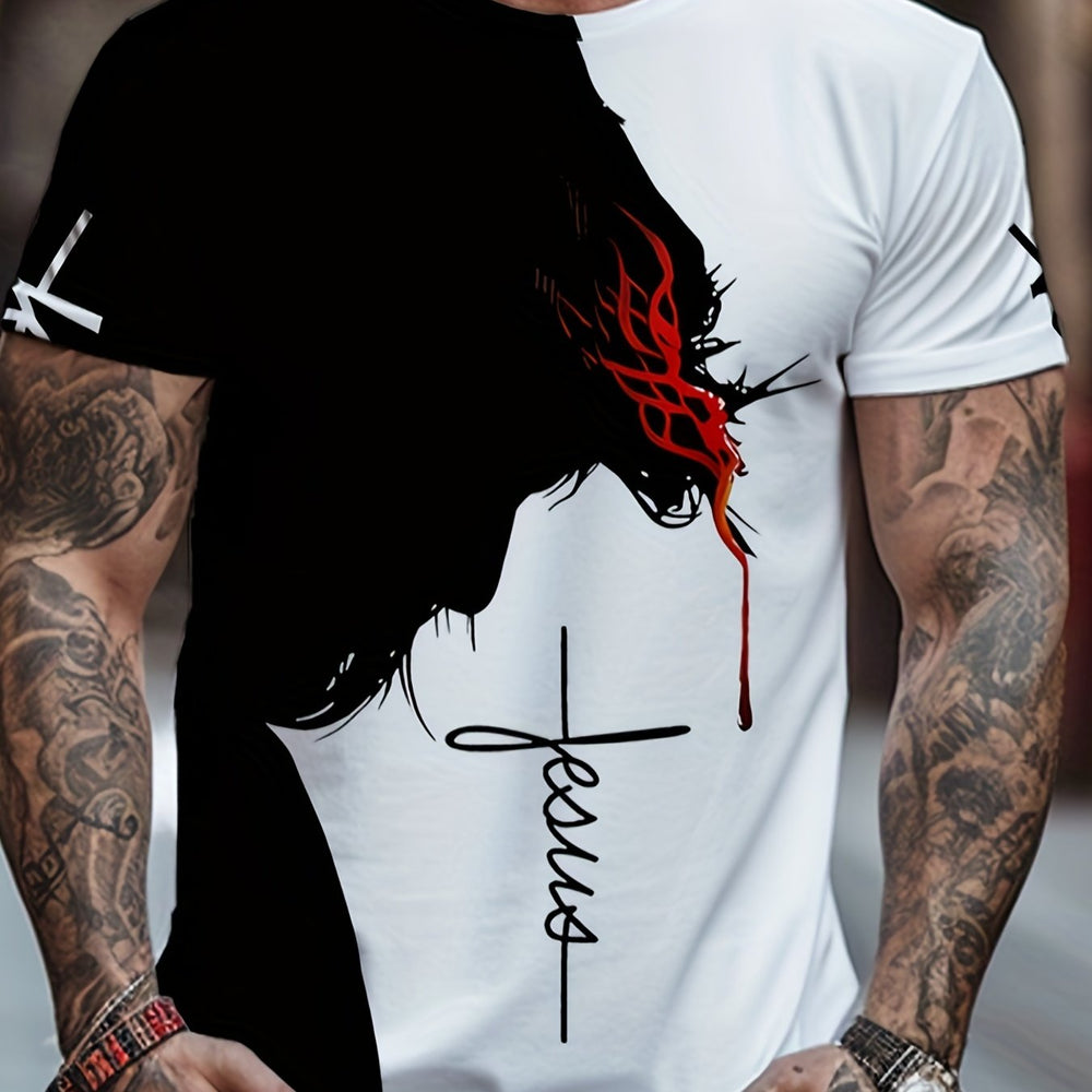Jesus Print, Men's Graphic Design Crew Neck Novel T-shirt, Casual Comfy Tees Tshirts For Summer, Men's Clothing Tops For Daily Vacation Resorts Good Vibrations