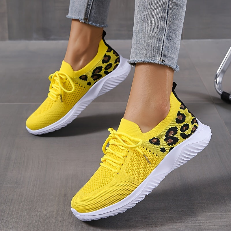Women's Casual Sneakers, Flying Woven Leopard Pattern Breathable Lace-up Running Shoes, Women's Footwear plus size Good Vibrations
