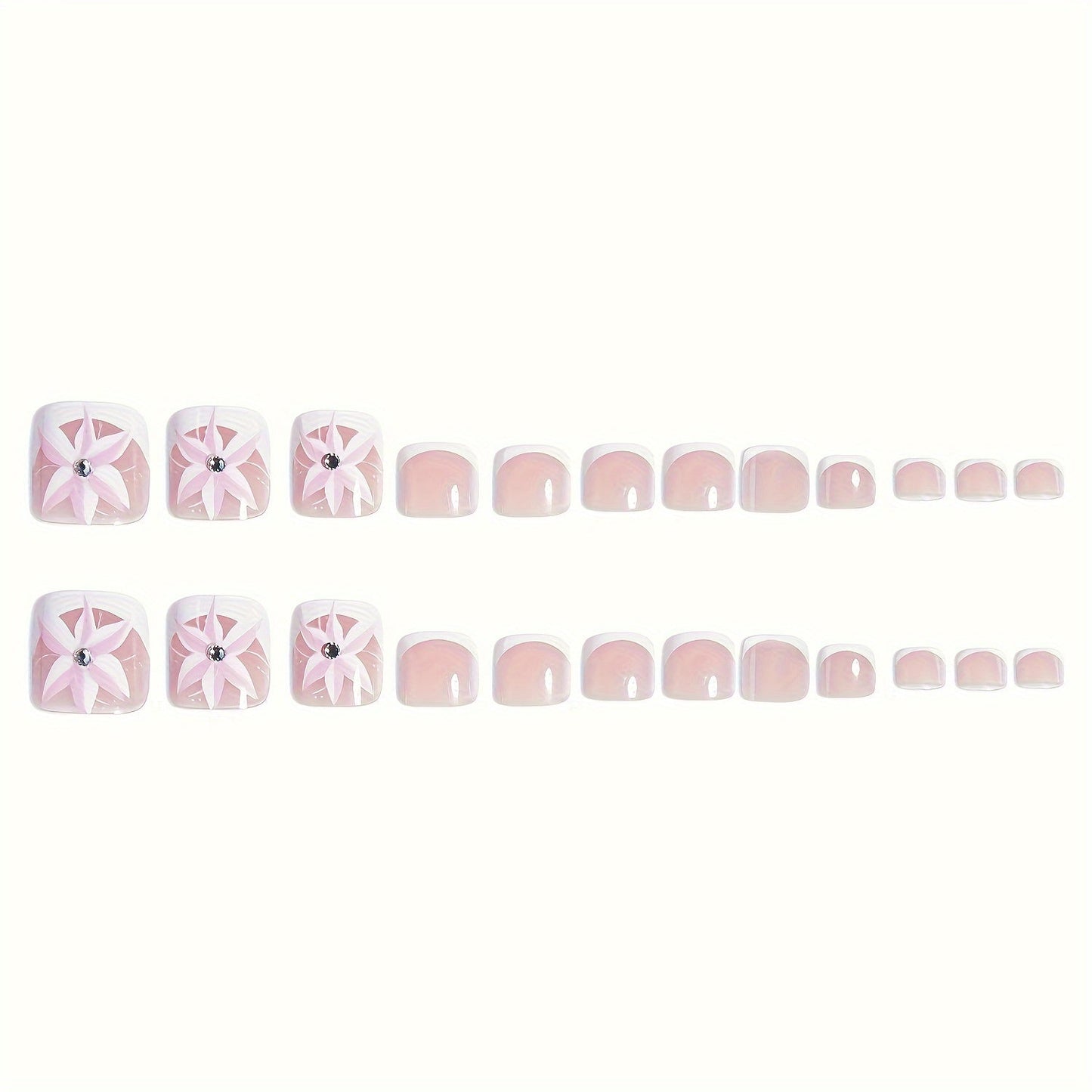 24pc Fair-Toned Short Square Glossy Press-On Toe Nails - Elegant French Tip Design with Floral Accents and Rhinestone, Removable, Adhesive Jelly Tabs & Nail File Included for Easy Application - Fashionable Wearable Nail Tips Good Vibrations