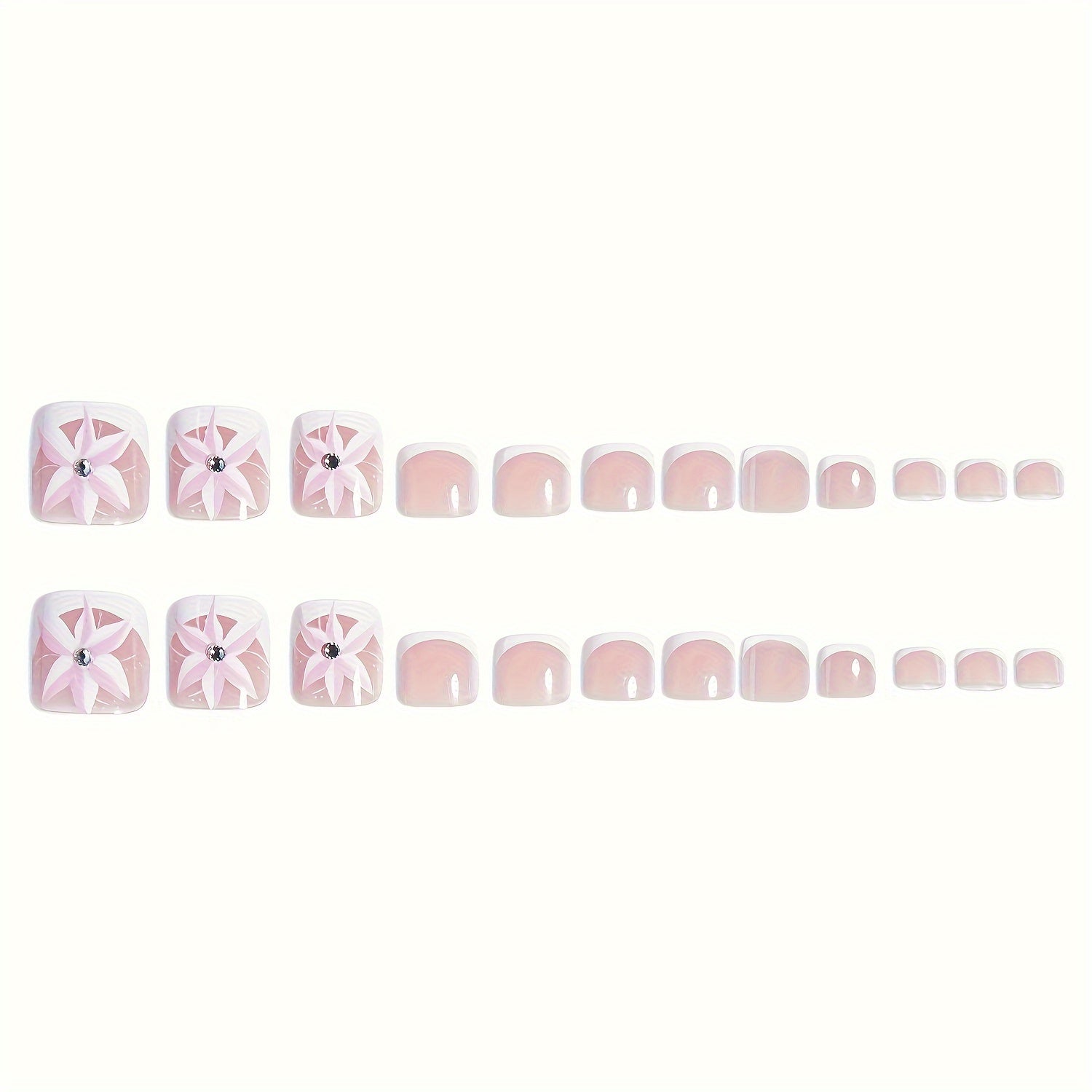 24pc Fair-Toned Short Square Glossy Press-On Toe Nails - Elegant French Tip Design with Floral Accents and Rhinestone, Removable, Adhesive Jelly Tabs & Nail File Included for Easy Application - Fashionable Wearable Nail Tips Good Vibrations