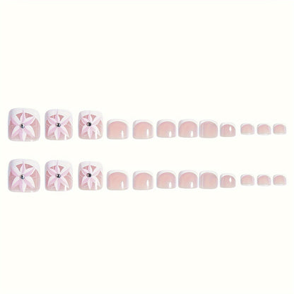 24pc Fair-Toned Short Square Glossy Press-On Toe Nails - Elegant French Tip Design with Floral Accents and Rhinestone, Removable, Adhesive Jelly Tabs & Nail File Included for Easy Application - Fashionable Wearable Nail Tips Good Vibrations