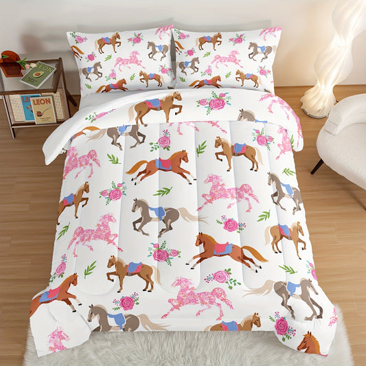 3pcs Fashion Comforter Set (1 * Comforter + 2 * Pillowcase, No Core), Cartoon Horse And Rose Print Bedding Set, Soft And Comfortable Skin-friendly For Bedroom, Guest Room Good Vibrations