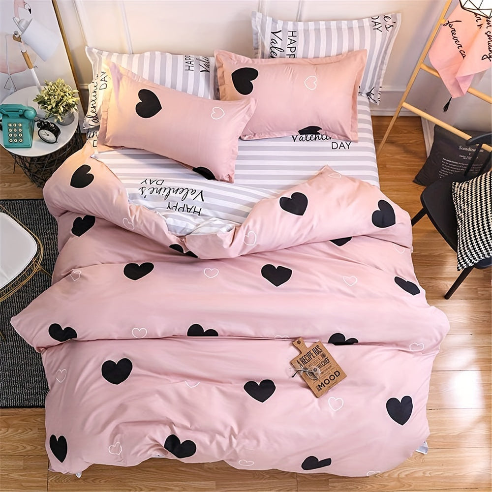 Blush Pink Love Heart Print Duvet Cover Queen Black And Dusty Rose Bedding Set 3 Pieces, Reversible Blue White Striped Microfiber Comforter Cover For Women Good Vibrations