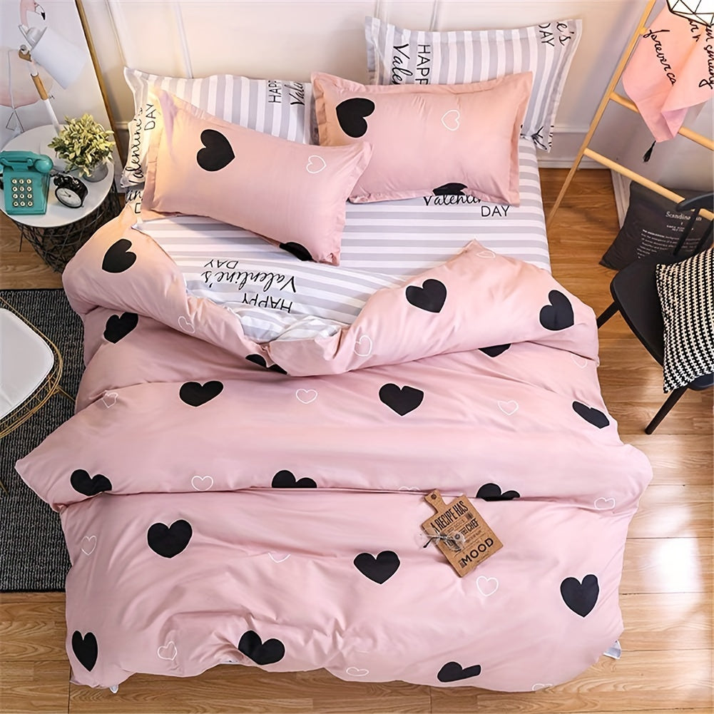 Blush Pink Love Heart Print Duvet Cover Queen Black And Dusty Rose Bedding Set 3 Pieces, Reversible Blue White Striped Microfiber Comforter Cover For Women Good Vibrations