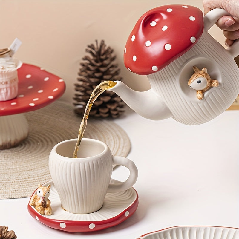 Charming Red Mushroom Ceramic Tea Set - Includes Teapot, Cups & Dessert Plates - Polished Metal Finish For All Seasons Good Vibrations