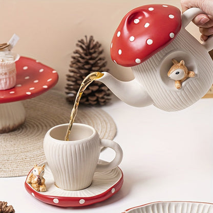 Charming Red Mushroom Ceramic Tea Set - Includes Teapot, Cups & Dessert Plates - Polished Metal Finish For All Seasons Good Vibrations