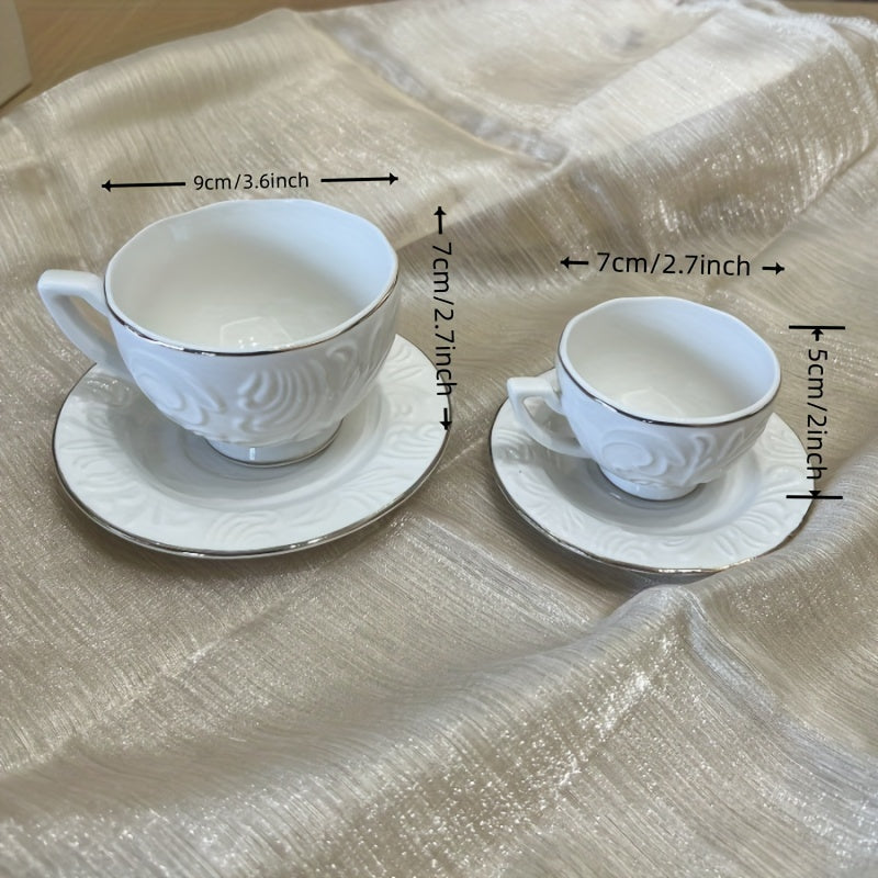 Luxury Floral Embossed Golden-Trimmed Tea Set - 6 Ceramic Cups & Saucers, Microwave Safe, Perfect for Afternoon Tea, Desserts & Gifts Good Vibrations