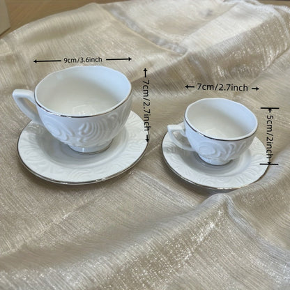 Luxury Floral Embossed Golden-Trimmed Tea Set - 6 Ceramic Cups & Saucers, Microwave Safe, Perfect for Afternoon Tea, Desserts & Gifts Good Vibrations