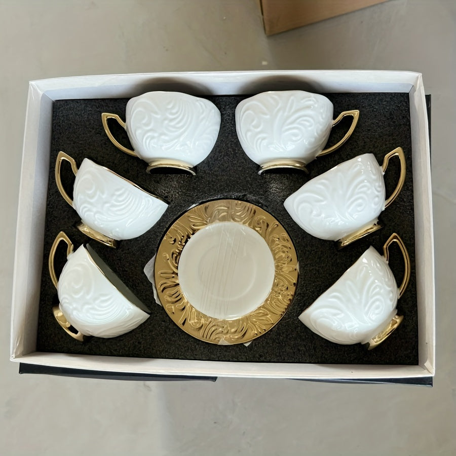 Luxurious Relief Floral Tea Set with Golden Trim: Includes 6 Cups, 6 Saucers, And 1 Large Tray - Perfect for Thanksgiving, Eid Al-Fitr, And More! Good Vibrations