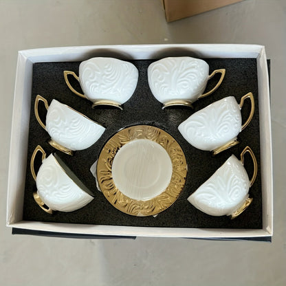Luxurious Relief Floral Tea Set with Golden Trim: Includes 6 Cups, 6 Saucers, And 1 Large Tray - Perfect for Thanksgiving, Eid Al-Fitr, And More! Good Vibrations