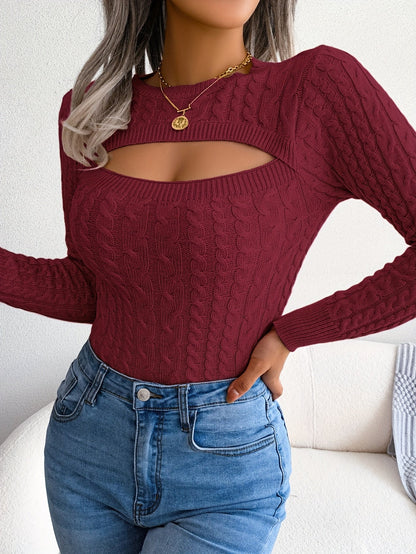 Long Sleeve High Stretch Acrylic Blend Women's Sexy Hollow-Out Knit Pullover Sweater, Skinny Fit, Solid Color, Spring/Fall Fashion Top, Crew Neck, Polyester 28%, Polyamide 22%, Viscose 28% Good Vibrations