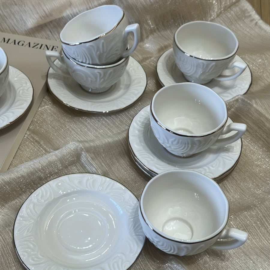 Luxury Floral Embossed Golden-Trimmed Tea Set - 6 Ceramic Cups & Saucers, Microwave Safe, Perfect for Afternoon Tea, Desserts & Gifts Good Vibrations