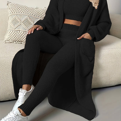 Women'S Solid Fleece Thick Home Suit Set, Cozy Clothing, Winter Pajamas, Classic Loungewear, Relaxed Fit, Warm Fabric, Durable Stitching, Women'S Pajamas, Fleece Pajamas, Long Sleeve Set Women, Night Wear For Women, Women Fal Good Vibrations