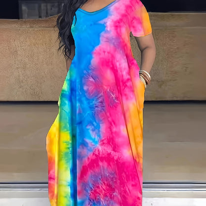 [Tie Dye Maxi Dress] Elegant Plus Size Maxi Dress | Women's Tie Dye Print Short Sleeve with Pocket, Medium Stretch Long Dress Good Vibrations
