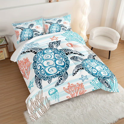3pcs Modern Fashion Polyester Comforter Set (1*Comforter + 2*Pillowcase, Without Core), Cute Turtle, Starfish, And Jellyfish Print Bedding Set, Soft Comfortable And Skin-friendly Comforter For Bedroom, Guest Room Good Vibrations