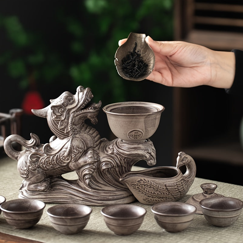 1 Set Lazy Tea Set, Magnetic Water Diversion Rotating Gaiwan, Tea Maker, Automatic Brave Troops Retro Teapot, Tea Cups, Cover Bowl, Rectangular Tea Tray, Chinese Kung Fu Tea Set, For Home Living Room Office, Gift Good Vibrations