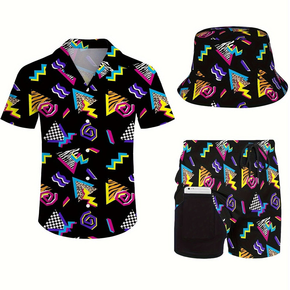 Men's 3pcs retro Outfit beach set, 80s 90s sportswear, Hawaiian sportswear set, shirt beach shorts and fisherman hat Bucket Hat Good Vibrations