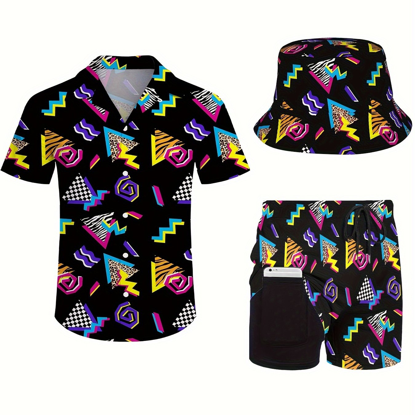 Men's 3pcs retro Outfit beach set, 80s 90s sportswear, Hawaiian sportswear set, shirt beach shorts and fisherman hat Bucket Hat Good Vibrations