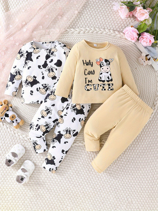 2 Sets Toddler & Infant Girl's Cartoon Cow Pattern Long Sleeve T-shirt + Casual Pants Clothing Set for Outdoor Good Vibrations