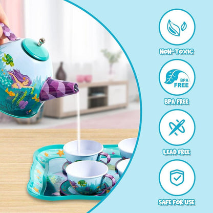 35pcs Mermaid Tea Party Set for Kids, Dress Up & Pretend Play, Pretend Tin Teapot Set, Princess Tea Time Play Kitchen Toy with Dessert, Doughnut, Carrying Case Birthday Easter Gifts for Toddlers Good Vibrations