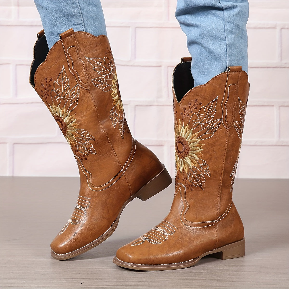 [Mid Calf Embroidered Western Boots] Women's Embroidered Mid Calf Western Boots, Faux Leather Fashion Boots, Women's Footwear Good Vibrations